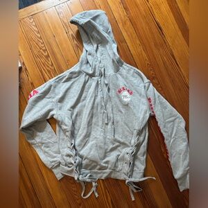 Gray junkfood clothing brand 76ers hoodie with tie strings on sides